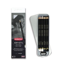 Derwent Artists Pencils Kuru Boya Kalemi Seti 6'lı Teneke Kutu (Siyah ve Beyaz Tonları) - 1