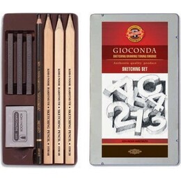 Koh-i Noor Gioconda Sketching Set Yassı Uçlu Karakalem Eskiz Çizim Seti Metal Kutu - 1