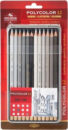 Koh-i Noor Polycolor Artist Kuru Boya Kalemi Seti 12 Renk GRİ TONLAR Metal Kutu - 1