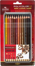 Koh-i Noor Polycolor Artist Kuru Boya Kalemi Seti 12 Renk KAHVERENGİ TONLAR Metal Kutu - 1