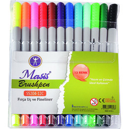 Masis Brushpen Çift Uçlu Fırça Uç + Fineliner Kalem Seti 12 Renk - 1